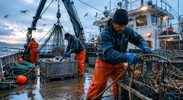 Commercial fishing vessel deckhand working at sea with crab pots and nets.