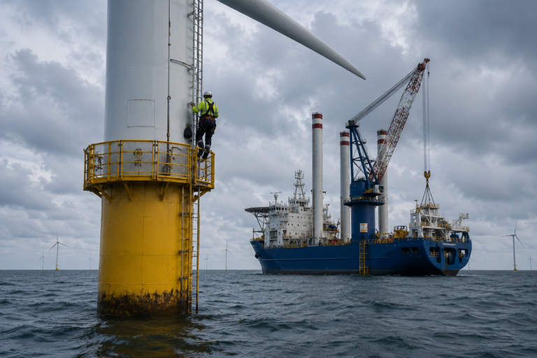 offshore wind turbine installation vessel and worker on monopile foundation at sea
