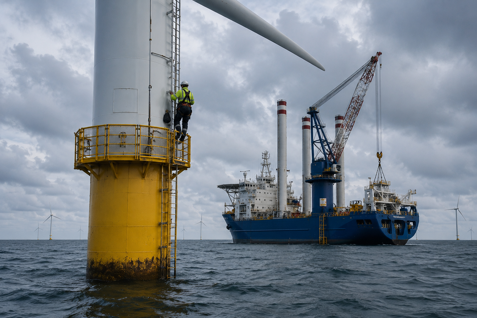 offshore wind turbine installation vessel and worker on monopile foundation at sea