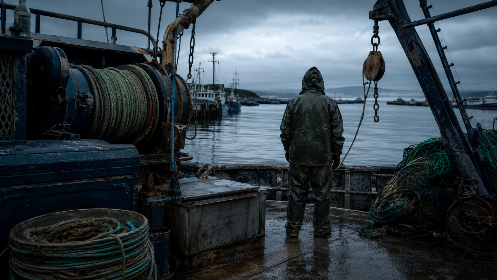 Commercial fishing accident settlements for injured fishermen, a weathered commercial fishing vessel and worn deck gear at the dock.