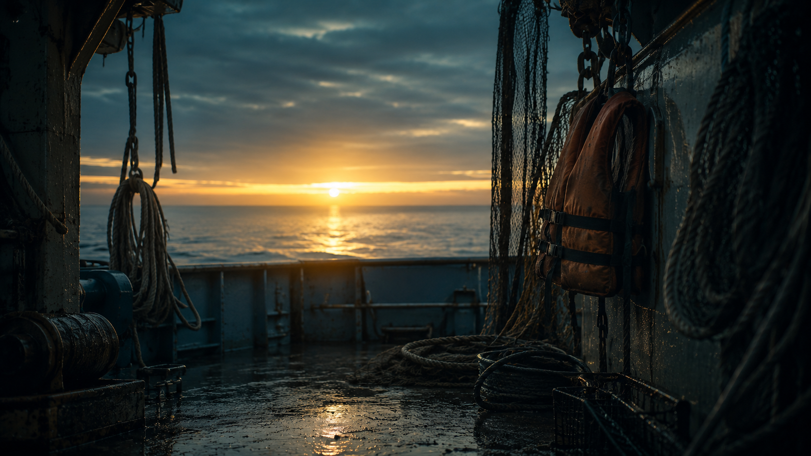 Commercial fishing falls overboard claims, an unused life jacket on the rail of a commercial fishing vessel deck at dawn over a calm sea.