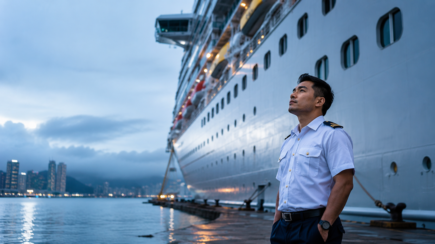 Cruise ship crew member in uniform beside a large vessel, representing seafarers facing crew arbitration clauses.
