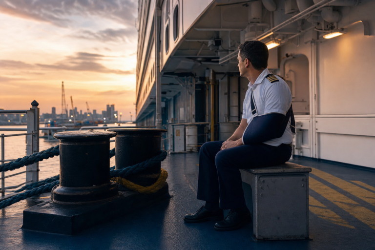 cruise ship crew injury settlement — injured uniformed crew member on a crew deck of a cruise ship