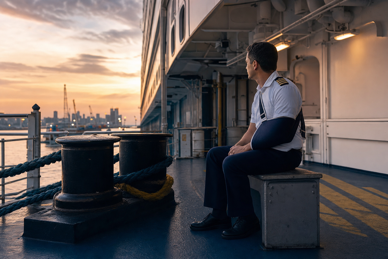 cruise ship crew injury settlement — injured uniformed crew member on a crew deck of a cruise ship