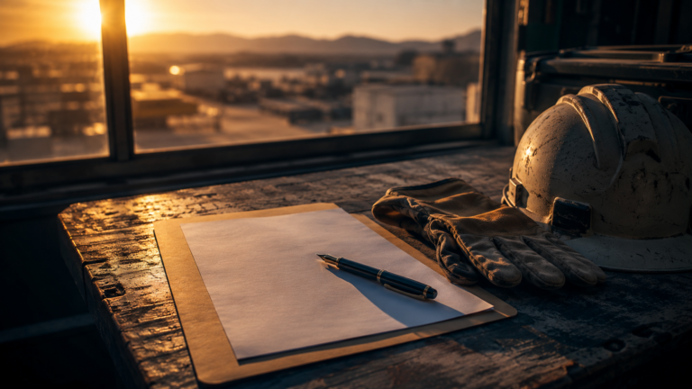 Defense Base Act claim denied and appealed, an overseas contractor's claim paperwork, gloves, and hard hat on a desk at a remote base at dawn.