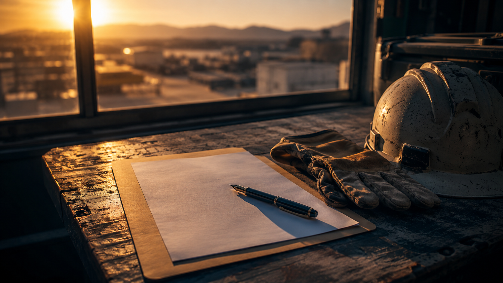 Defense Base Act claim denied and appealed, an overseas contractor's claim paperwork, gloves, and hard hat on a desk at a remote base at dawn.