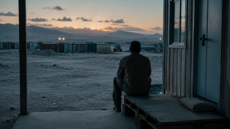 Defense Base Act PTSD claims for overseas contractors, a civilian contractor at a quiet overseas base at dusk,