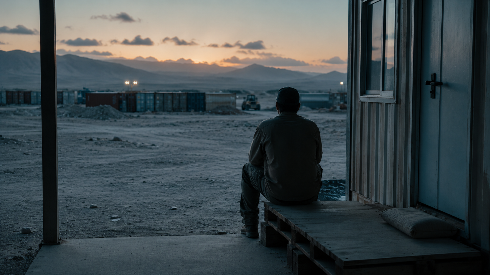 Defense Base Act PTSD claims for overseas contractors, a civilian contractor at a quiet overseas base at dusk,