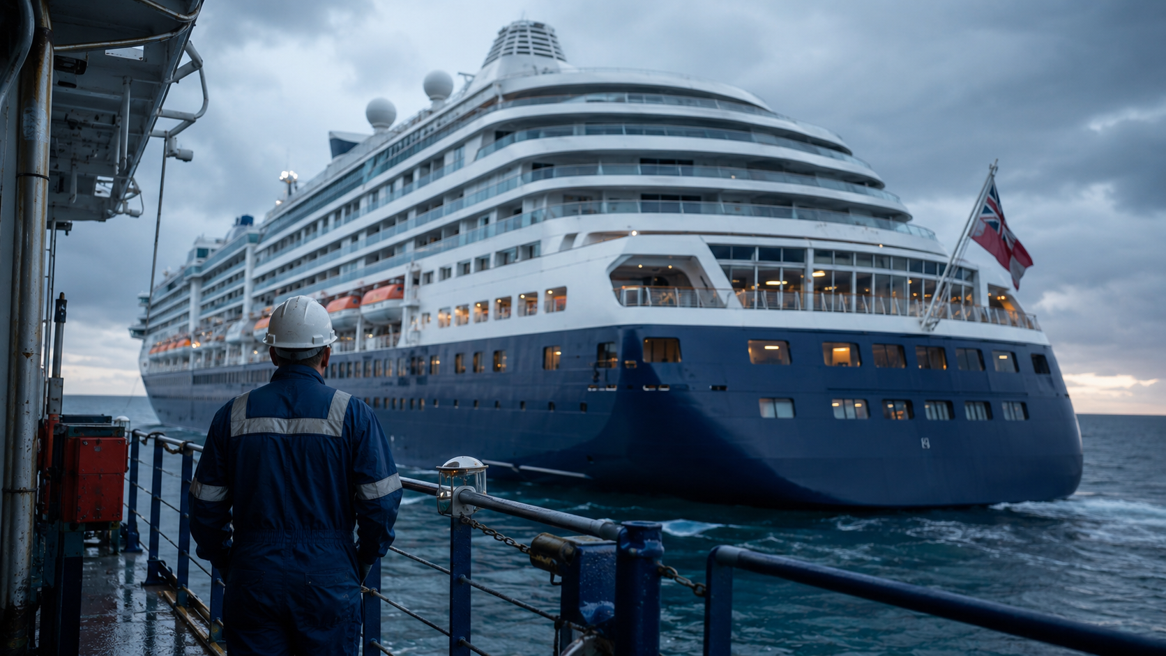 Injured cruise ship crew rights under foreign flags and arbitration clauses, cruise ship crew member on a service deck with a foreign flag at the stern
