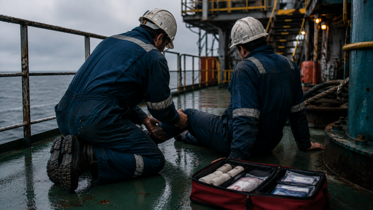 Injured offshore what to do in the first 72 hours, crew member receiving first aid on the deck of an offshore vessel after a maritime injury.