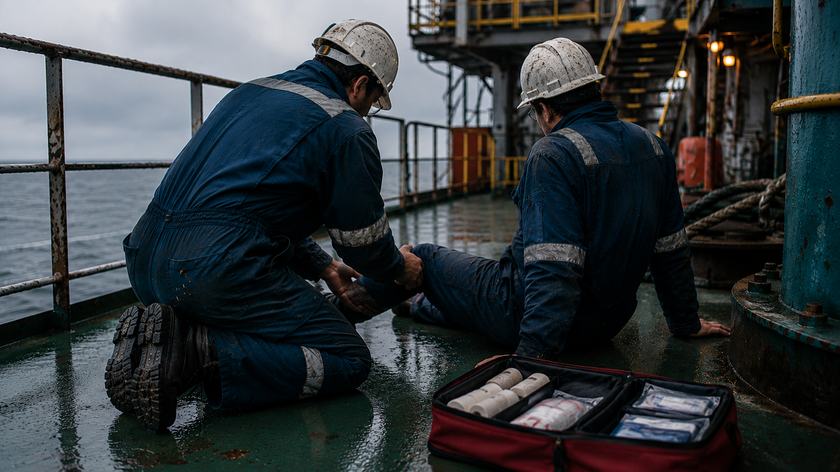 Injured offshore what to do in the first 72 hours, crew member receiving first aid on the deck of an offshore vessel after a maritime injury.