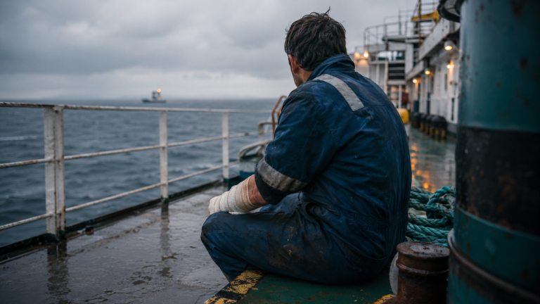 Average Jones Act settlement amounts for injured seamen, maritime worker resting on the deck of an offshore supply vessel after an injury.