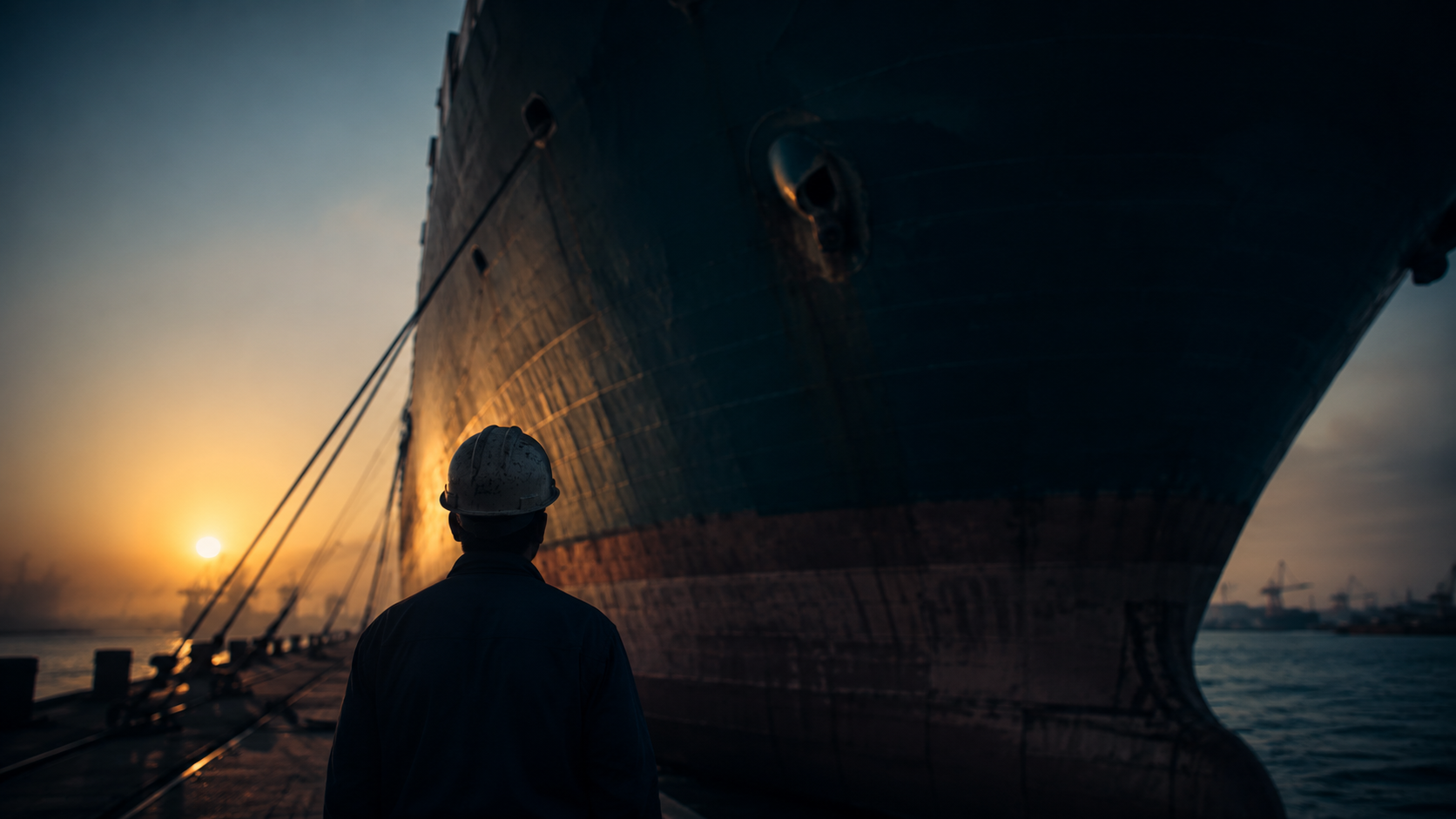 LHWCA Section 905(b) vessel negligence claim, a worker's hard hat and gloves on a dock beside a moored cargo ship at a shipyard at dawn.