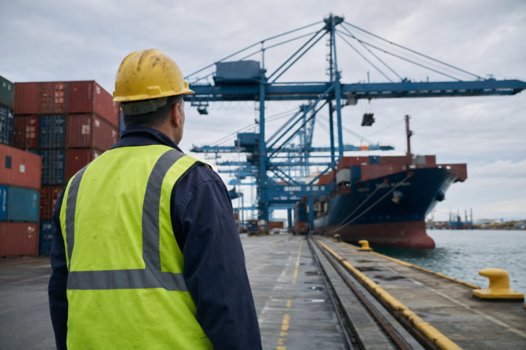 Longshore worker at a marine container terminal, illustrating how average weekly wage is calculated for LHWCA compensation benefits