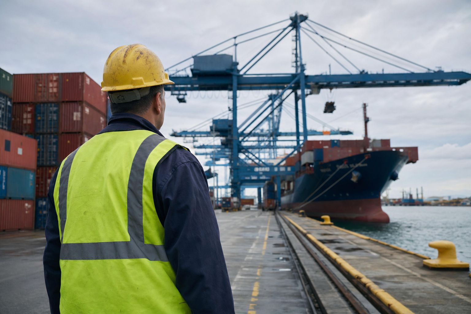 Longshore worker at a marine container terminal, illustrating how average weekly wage is calculated for LHWCA compensation benefits
