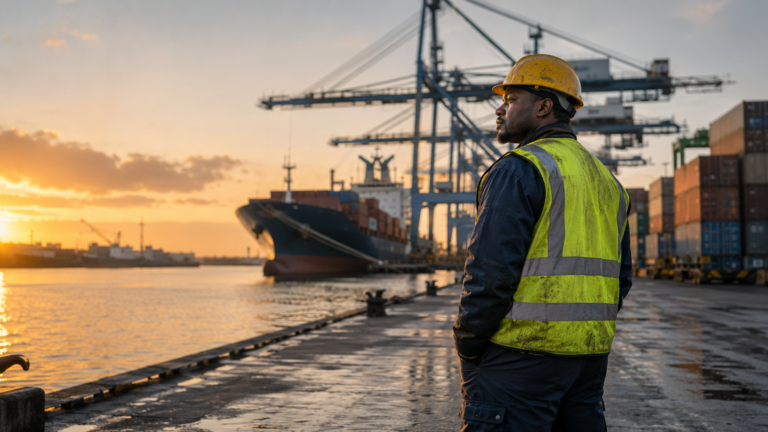 Longshoreman in a hard hat and safety vest at a commercial seaport with cargo cranes and a container ship.