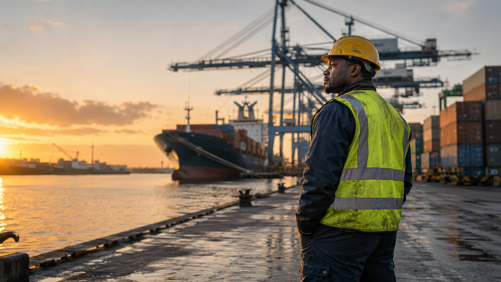 Longshoreman in a hard hat and safety vest at a commercial seaport with cargo cranes and a container ship.