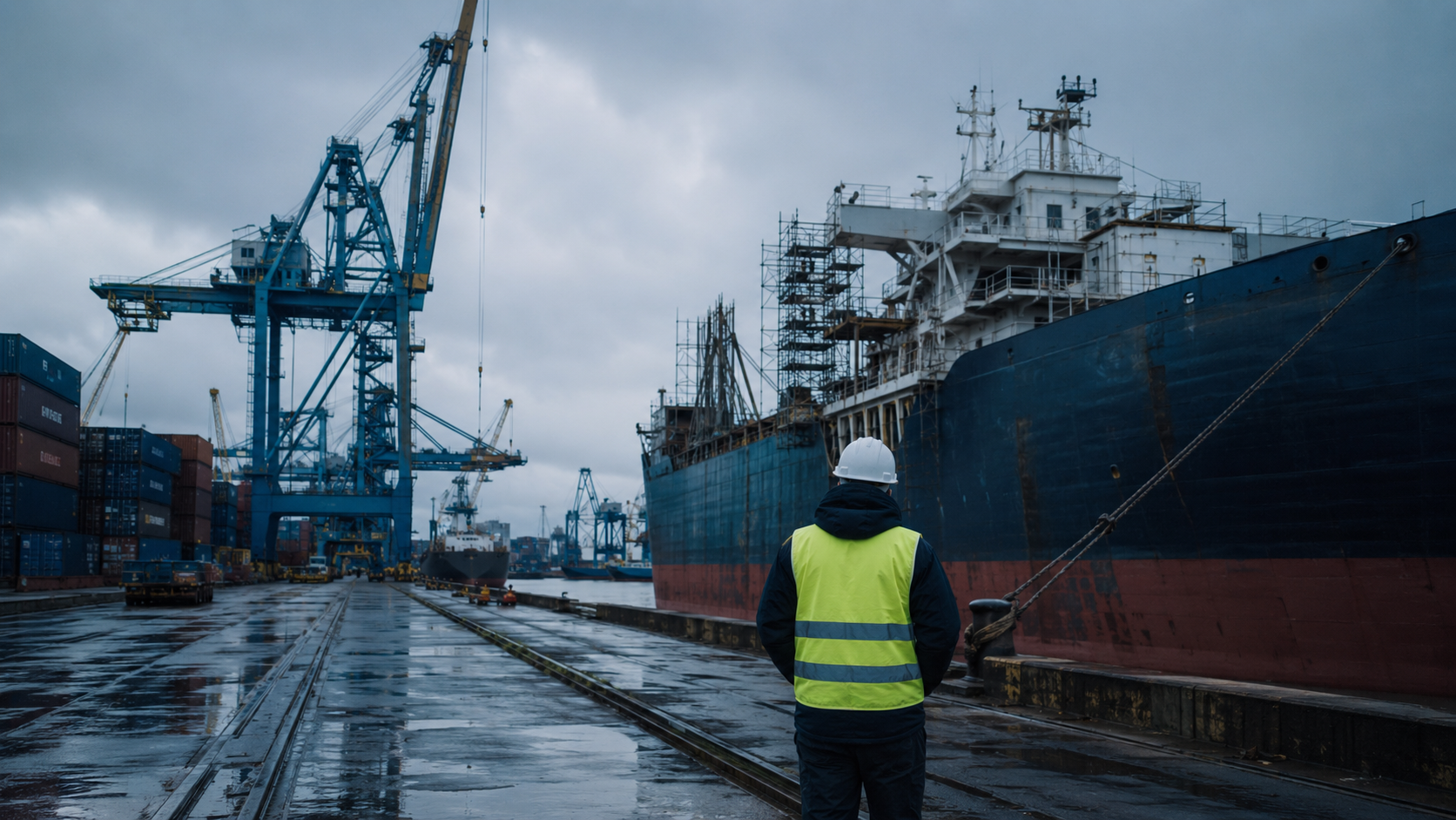 LHWCA vs. state workers' comp for dock and shipyard workers, longshore worker at a port terminal with gantry cranes beside navigable water.