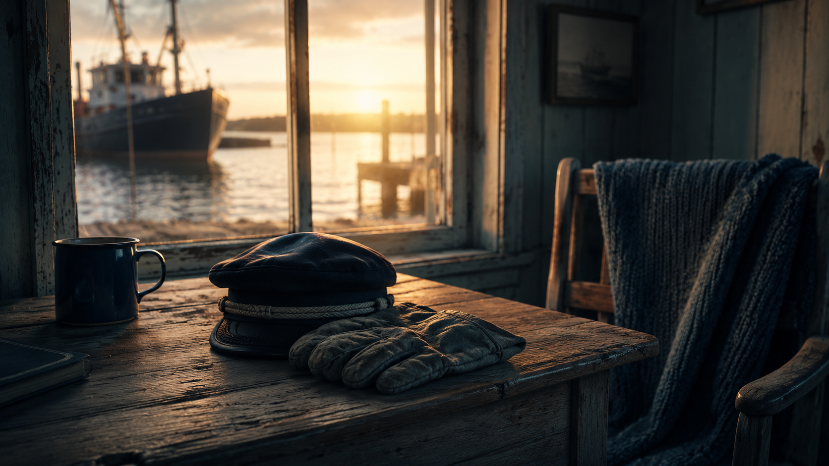 Maintenance and cure for injured seamen, a sailor's cap and work gloves on a table by a window overlooking a harbor at dawn.