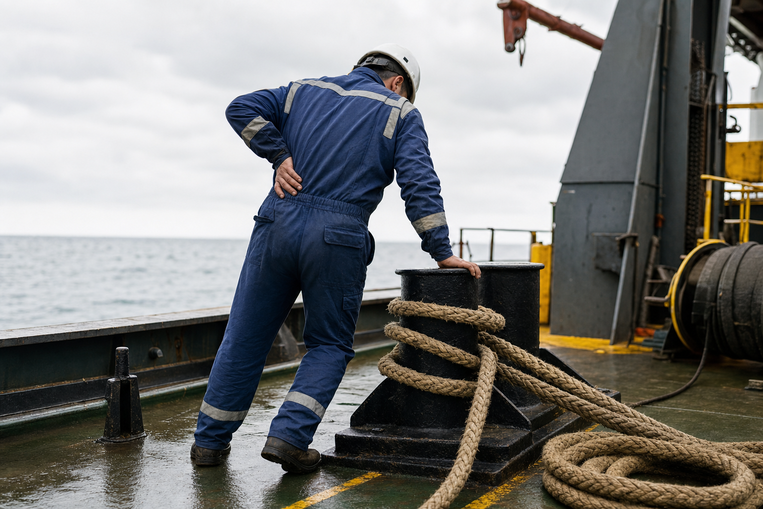 back and spinal injuries — maritime worker with lower back pain on deck