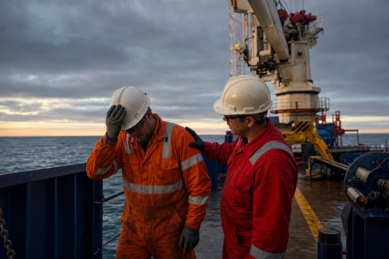 maritime brain injury - injured seaman steadied on an offshore supply vessel deck after a head injury