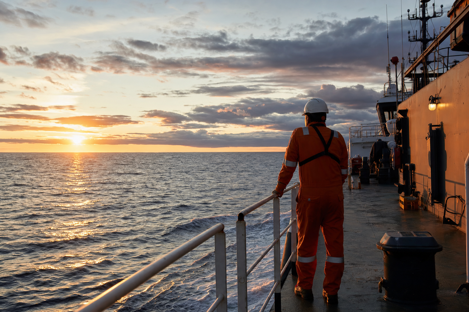 Offshore vessel at sunset with a crew member at the rail, illustrating filing deadlines under the maritime statute of limitations