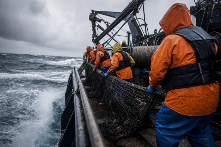 most dangerous commercial fishing jobs — crew hauling nets in rough seas
