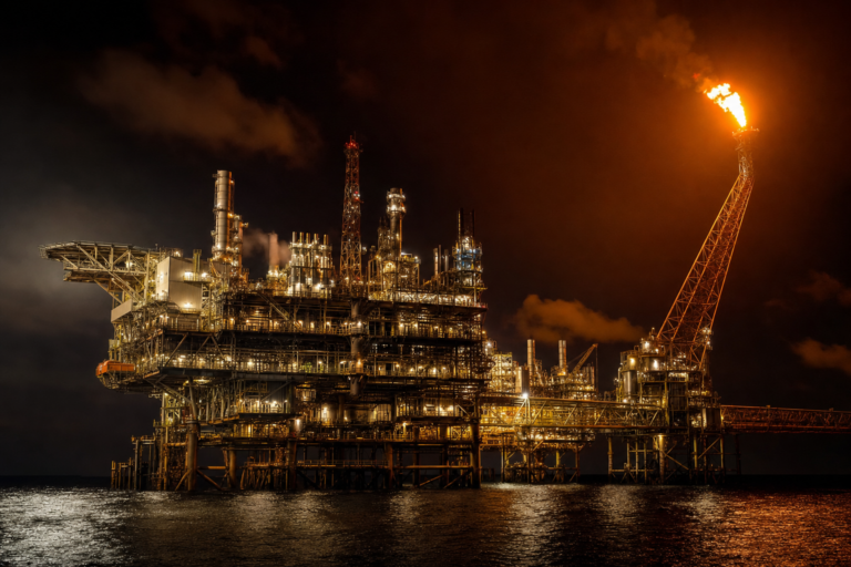 offshore burn injuries — offshore oil platform with flare at night