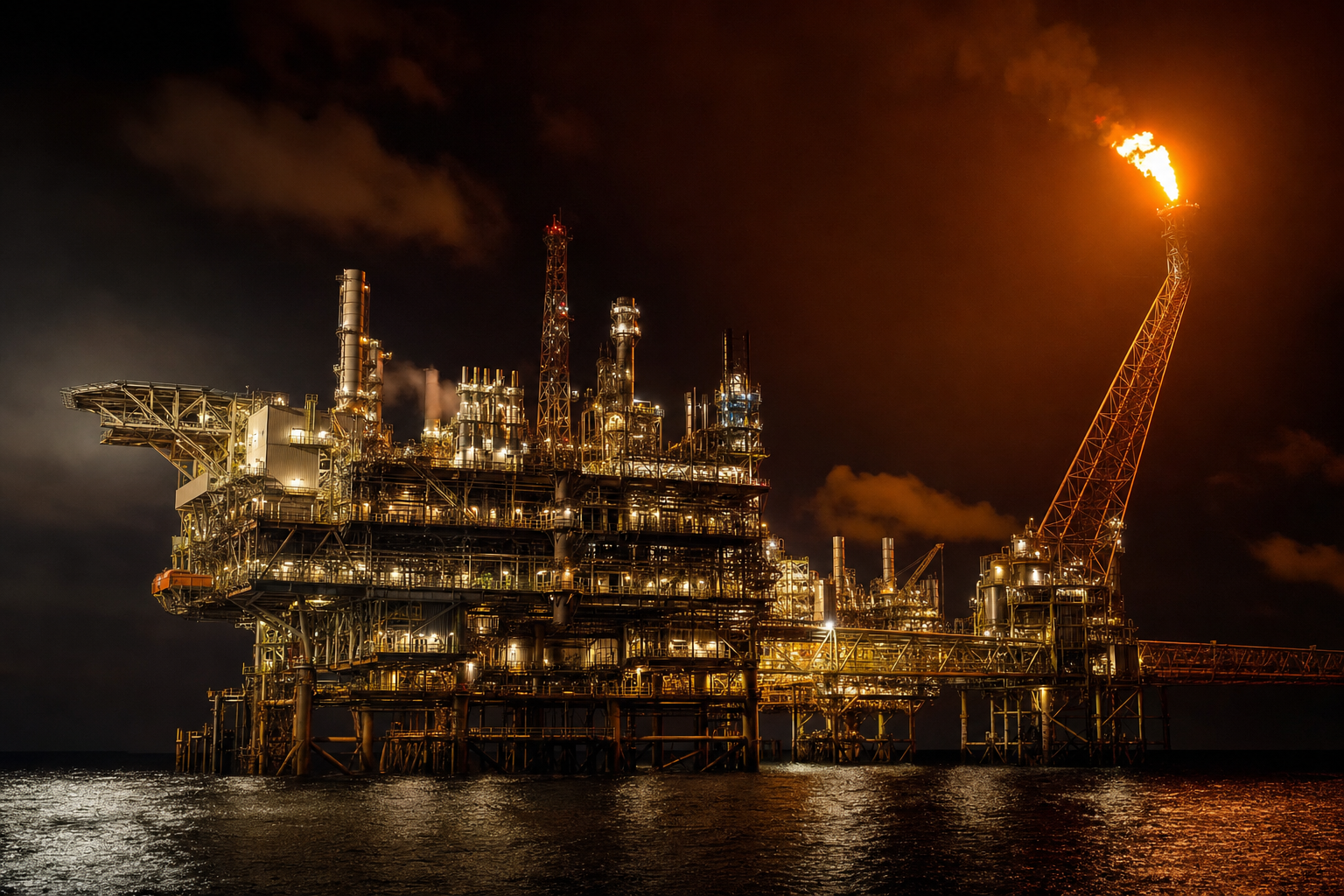 offshore burn injuries — offshore oil platform with flare at night