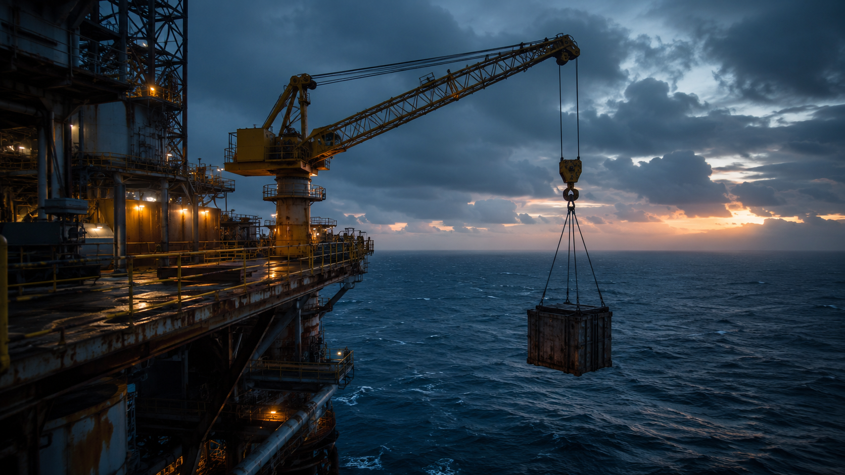 Industrial crane lifting cargo over the deck of an offshore oil platform at dusk.