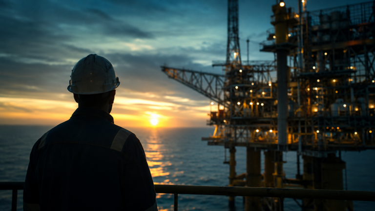 Offshore oil rig injury compensation, a worker's hard hat and gloves on the steel deck of an offshore drilling platform at sea at dawn.