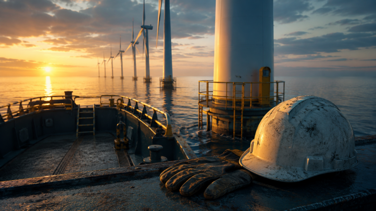 Offshore wind farm worker injuries, a crew transfer vessel with a hard hat and gloves on deck beside a wind turbine at sea at dawn.