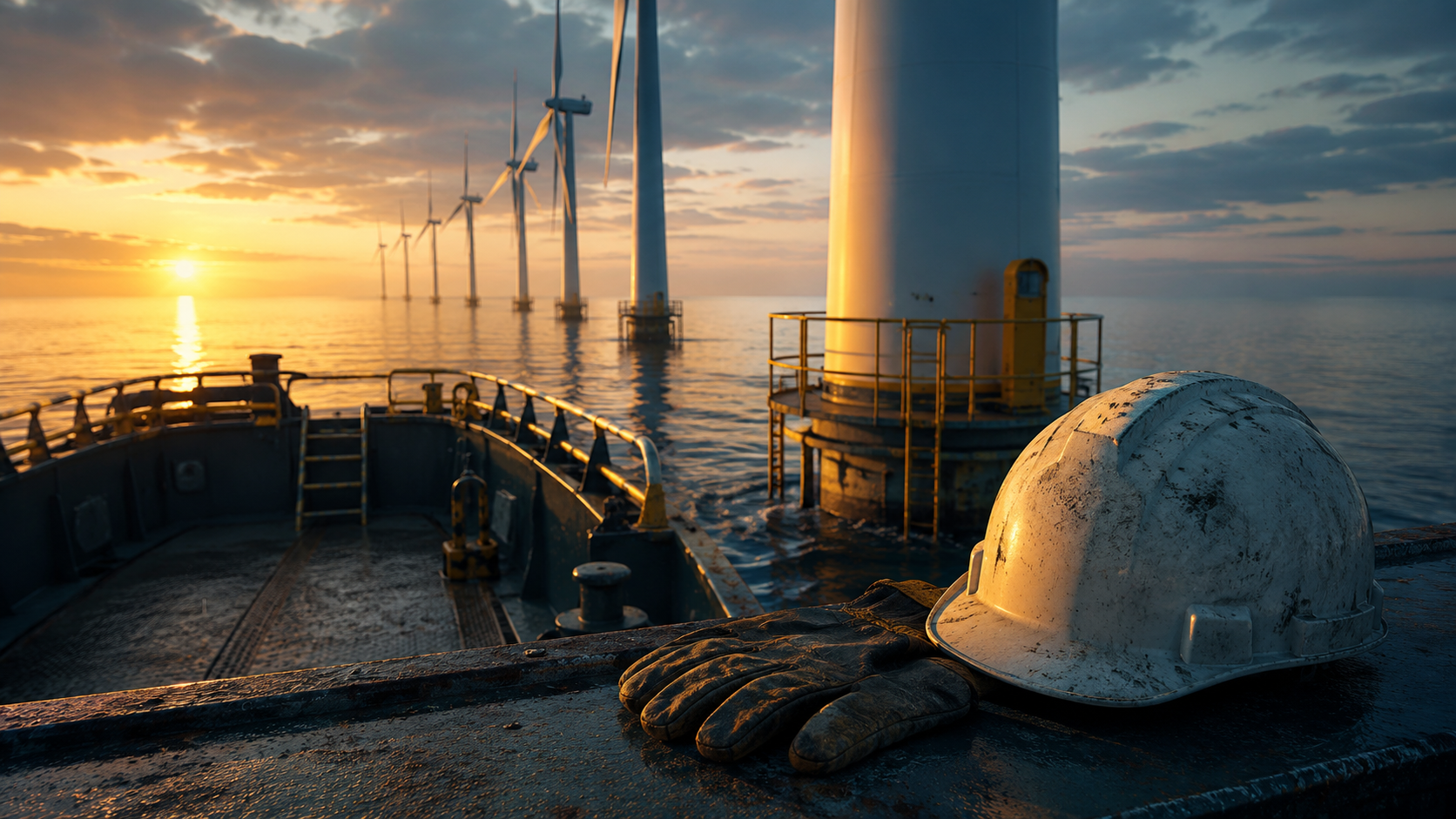 Offshore wind farm worker injuries, a crew transfer vessel with a hard hat and gloves on deck beside a wind turbine at sea at dawn.