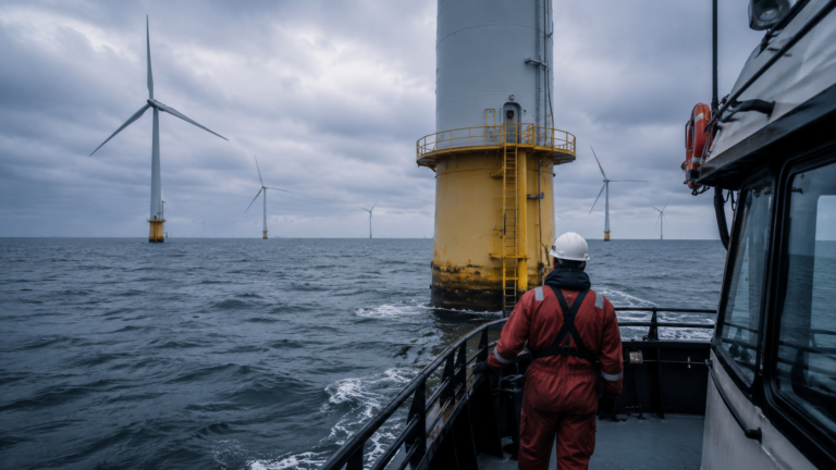Offshore wind injuries and maritime law for wind farm workers, crew transfer vessel approaching an offshore wind turbine on the Outer Continental Shelf.