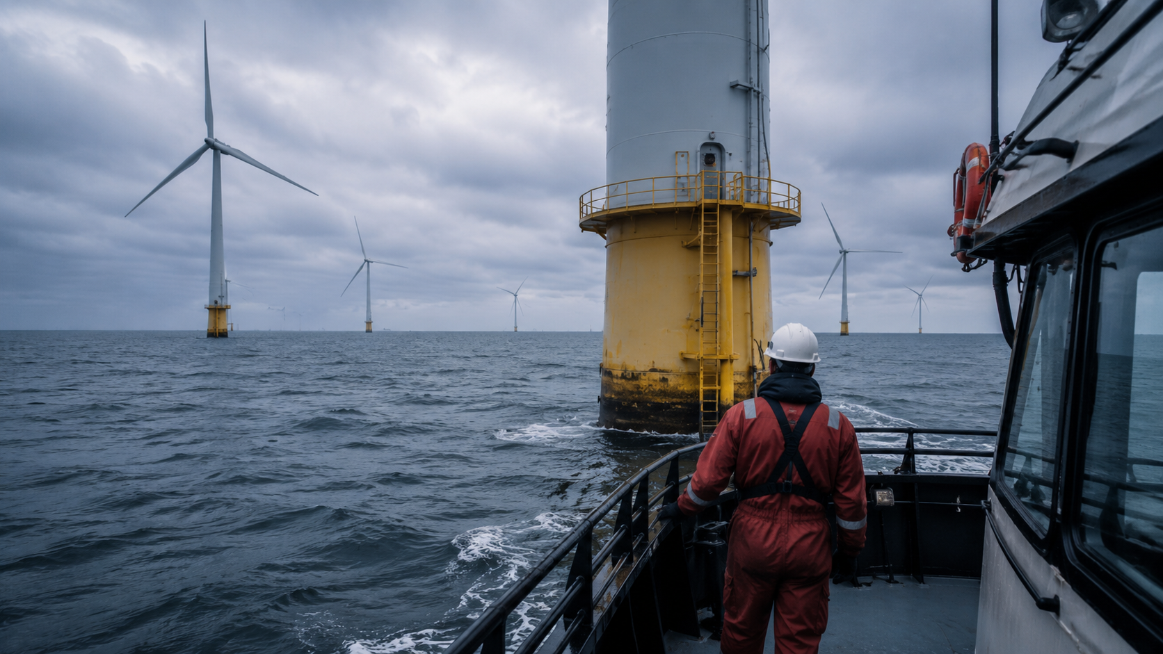 Offshore wind injuries and maritime law for wind farm workers, crew transfer vessel approaching an offshore wind turbine on the Outer Continental Shelf.