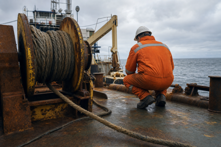 Worn deck winch and frayed cable on an aging vessel, illustrating an unseaworthy condition under maritime law