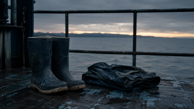 Who can file a maritime wrongful death claim, empty work boots and jacket on the deck of a vessel at dusk symbolizing a lost crew member.