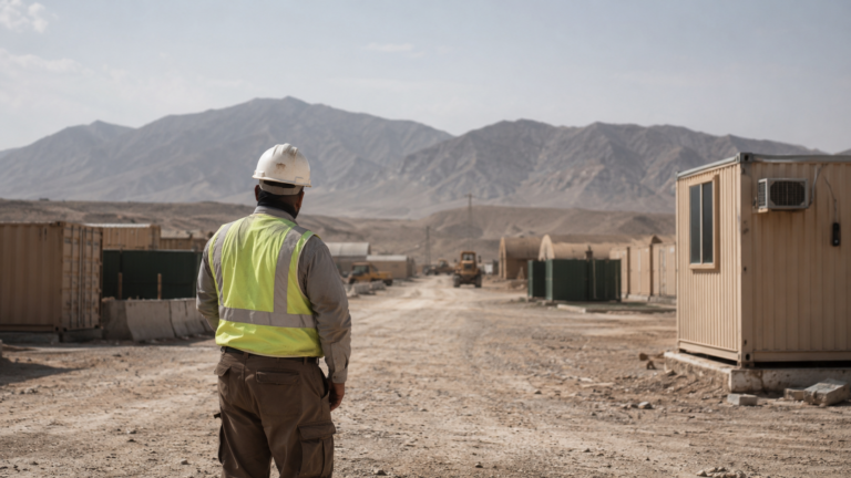Who is covered by the Defense Base Act, civilian contractor in a hard hat and safety vest at an overseas U.S. base worksite.