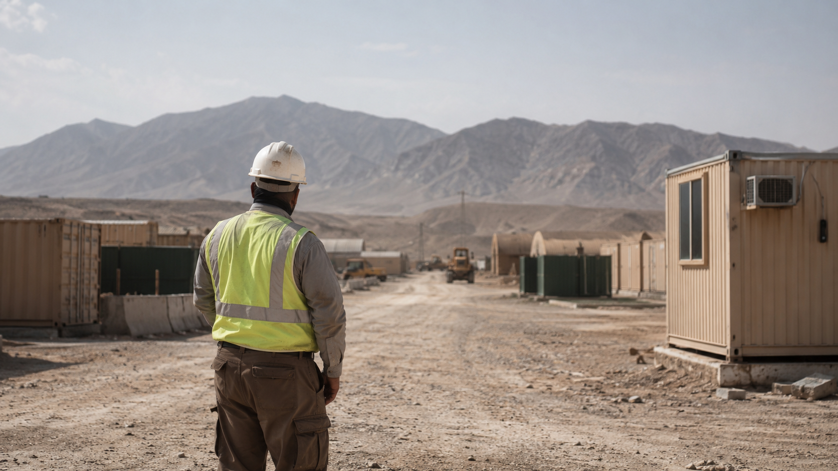 Who is covered by the Defense Base Act, civilian contractor in a hard hat and safety vest at an overseas U.S. base worksite.